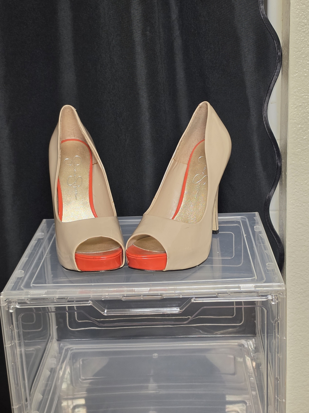 Jessica Simpson Beige Peep-Toe Heels with Red Platform